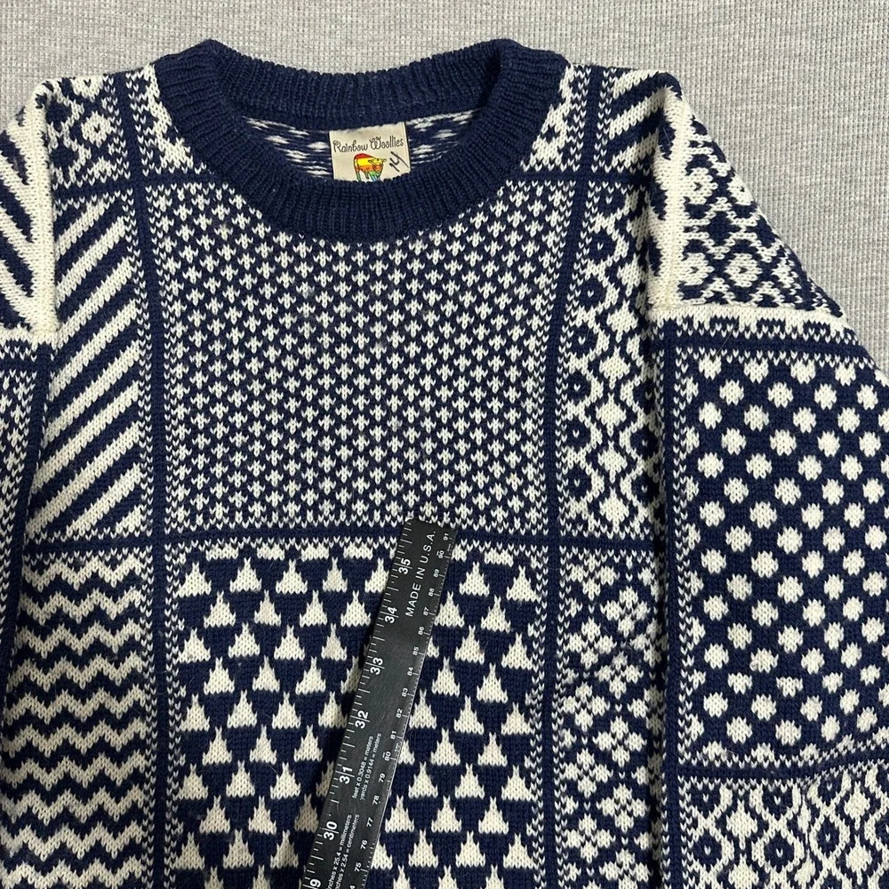 Rainbow Woollies Pure Falkland Wool Crewneck Sweater Patchwork Geometric Mens M